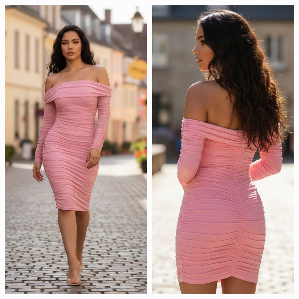 NEW Fashion Nova Ready In A Ruched Off Shoulder Midi Dress in Pink Size XS